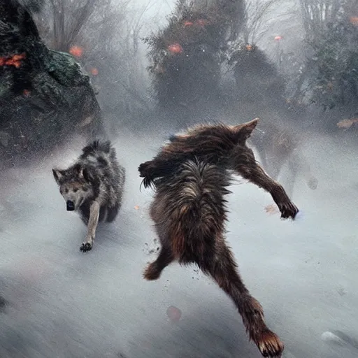 Prompt: a feral child running with a pack of large wolves with intricate symbols of their fur. cinematic. detailed masterpiece. realistic. photo realism. cgsociety. by krenz cushart. ruan jia. jarold sng.