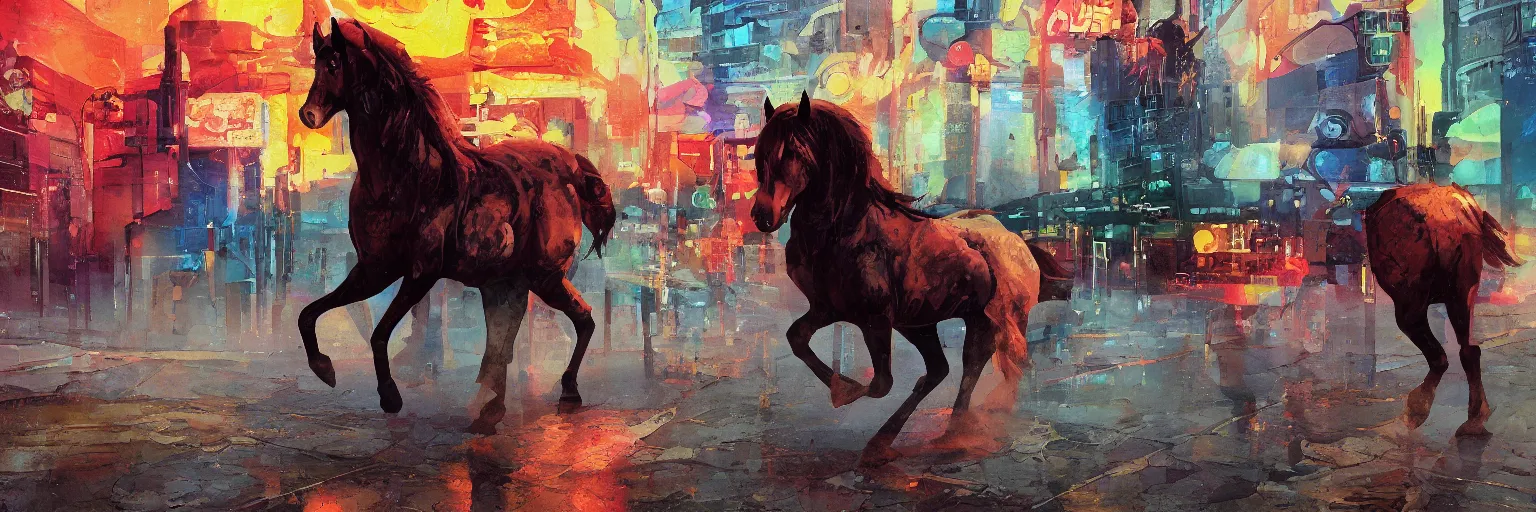 Prompt: a graph style gauche impasto, the horse is not mine, steampunk, art by james gilleard, cgsociety, vintage, city scape, retrofuturism, retrowave, outrun, hyper realistic.