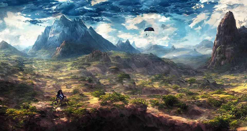 Image similar to An epic fantasy anime style landscape painting of an African mountain range, with a kenyan Mountainbiker and a blue umbrella, unreal 5, DAZ, hyperrealistic, octane render, dynamic lighting