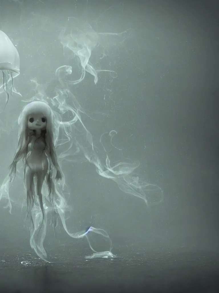 Image similar to cute fumo plush beautiful chibi ectoplasmic gothic skeletal jellyfish ghost girl, glowing milky wisps of hazy smoke and volumetric fog on a heavy rainstormy reflective river in the falling rain, lens flare, subsurface scattering, vignette, asymmetry, bokeh, refraction, vray
