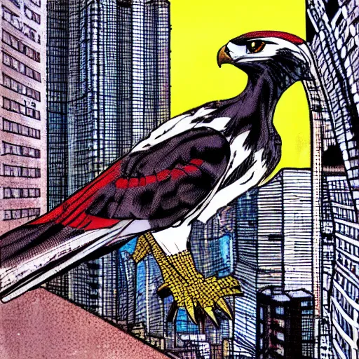 Image similar to falcon morphed with calico cat highly detailed in the style of “ frank miller ” and katsuhiro otomo tokyo cityscape