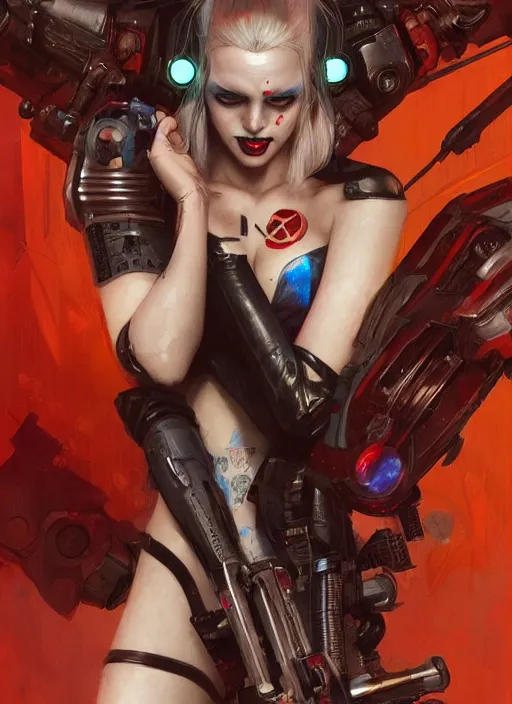 Image similar to a beautiful illustration of cyberpunk harley quinn with pointy ears, intricate, sharp focus, illustration, highly detailed, digital painting, concept art, matte, art by wlop and artgerm and greg rutkowski and alphonse mucha, masterpiece