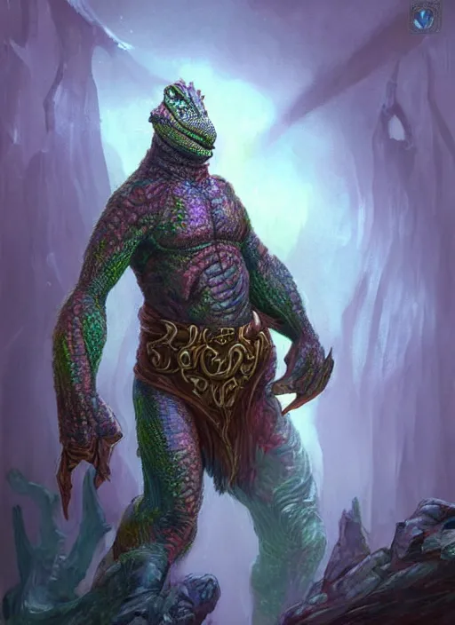 Image similar to lizard person, ultra detailed fantasy, dndbeyond, bright, colourful, realistic, dnd character portrait, full body, pathfinder, pinterest, art by ralph horsley, dnd, rpg, lotr game design fanart by concept art, behance hd, artstation, deviantart, hdr render in unreal engine 5