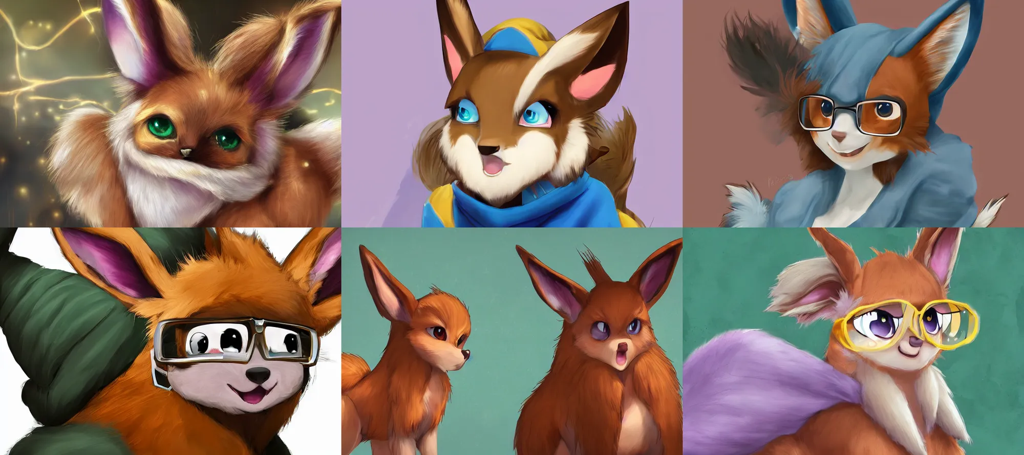 Prompt: digital painting of realistic female anthro eevee wearing a hoodie and glases. eevee has a mane of soft synthetic fur and fox-like ears smiling high resolution