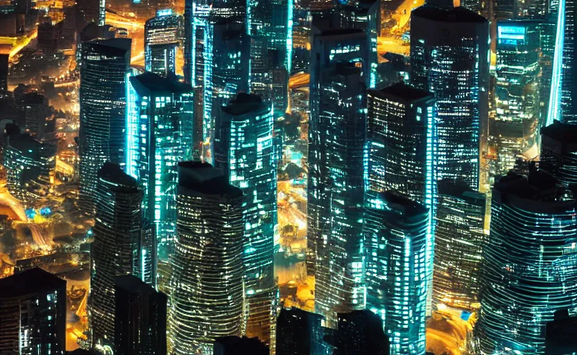 Prompt: futuristic city of cylindrical skyscrapers on a hill at night, view from car passenger window