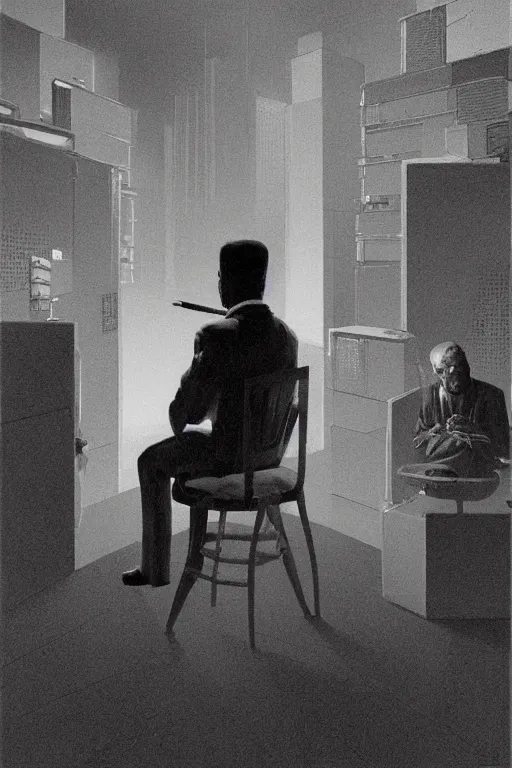 Image similar to Security guard sitting in a chair and watching an array of TV monitors while smoking a cigarette, highly detailed, soft lighting, elegant, Wayne Barlowe, Edward Hopper and James Gilleard, Zdzislaw Beksinski, Steven Outram, highly detailed