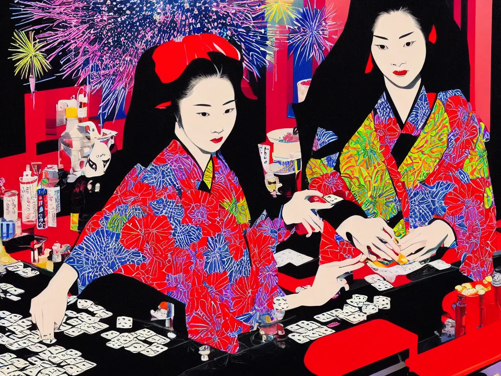 Image similar to hyperrealism composition of the detailed woman in a japanese kimono sitting at an extremely detailed poker table with darth vader, fireworks on the background, pop - art style, jacky tsai style, andy warhol style, acrylic on canvas