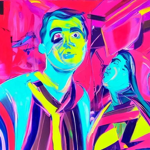 Prompt: 2 friends partying and are facing the camera, crowd in the back, neon, abstract style by francoise nielly