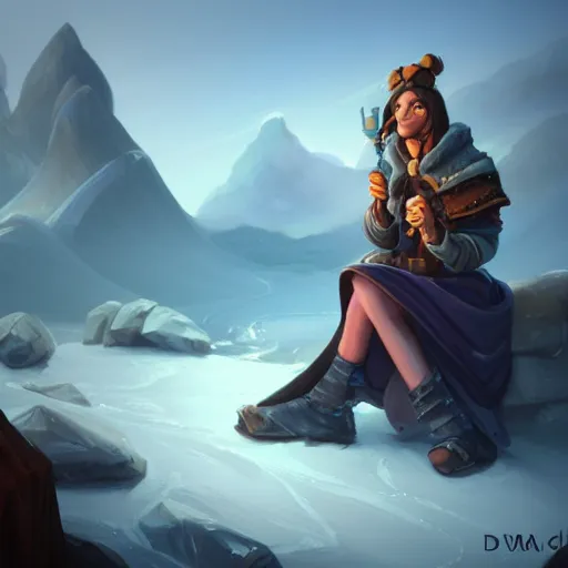 Prompt: mage smoking pipe, female, glacier landscape, D&D, fantasy, intricate, elegant, highly detailed, digital painting, artstation, octane render, concept art, matte, sharp focus, illustration, hearthstone, art by leonardo da vinco