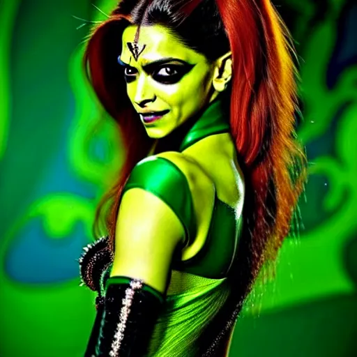 Image similar to A beautiful portrait of Deepika Padukone as Poison Ivy from Batman as a Versace fashion model Spring/Summer 2010, highly detailed, in the style of cinematic, Getty images, Milan fashion week backstage, Makeup by Pat McGrath, Hair by Guido Palau,Greg rutkowski