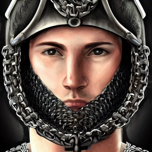 Image similar to realistic portrait, 30 year old man :: athletic, rough, agressive :: short black hair :: medieval metal helmet, chain mail :: high detail, digital art, RPG, concept art, illustration