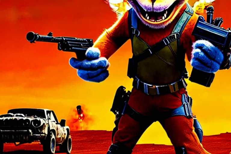 Image similar to nick wilde, heavily armed and armored facing down armageddon in a dark and gritty reboot from the makers of mad max : fury road : witness me