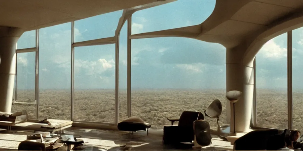 Prompt: a luxury apartment with large windows, 1 9 8 0 s science fiction, windows overlooking a lush arid mushroom jungle landscape, sci - fi film still, screenshot from a science fiction movie, ridley scott,