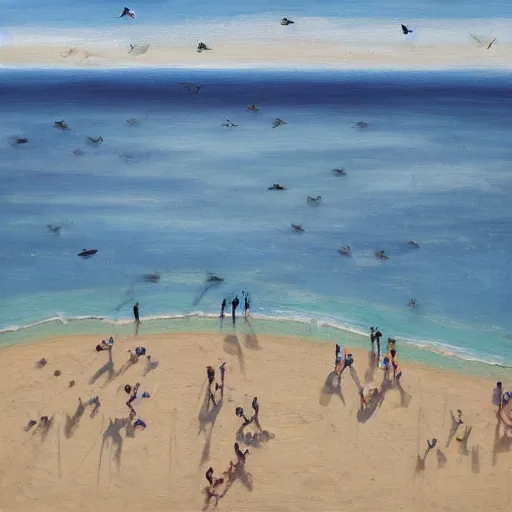 Image similar to a birdseye painting by Sally West of sparse people on a beach from high above, featured on tumblr, action painting, oil on canvas, painterly