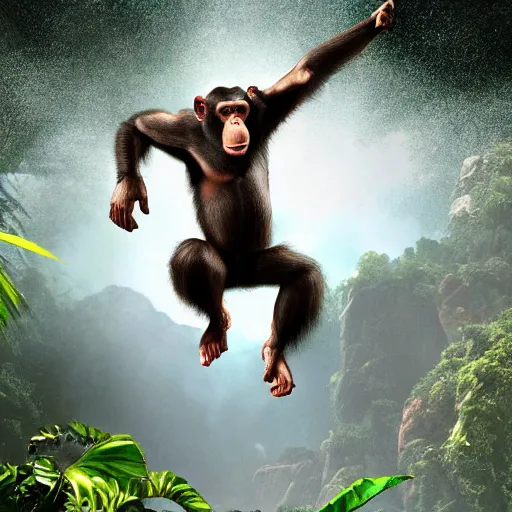 Image similar to Angry Chimpanzee Jumping, Epic Jump, Cinematic Photo, Cinematic Shot, Jungle, Foliage Boris Vallejo, Epic, 8k resolution, ArtStation, Hyperrealistic