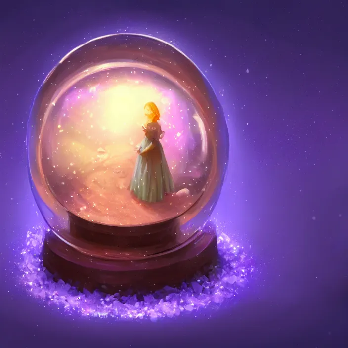 Prompt: A magical snow globe with a person trapped inside. Magic, purple lighting, flux. High fantasy, digital painting, HD, 4k, detailed.