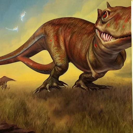 Image similar to mouse dino, epic pose, fine painting