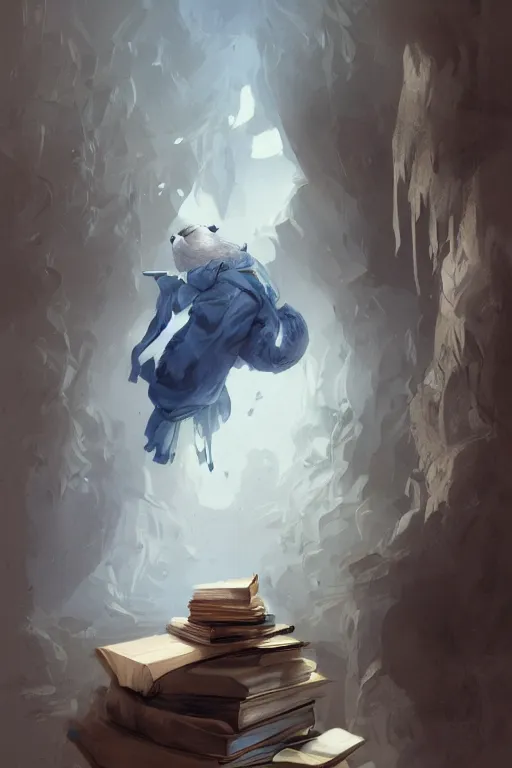 Image similar to concept art of fitzchevalry reading the book les antiseches du bonheur of jonathan lehmann, nighteyes is looking warmly over his shoulders, by aenaluck, artgerm and roberto ferri and greg rutkowski, blue and white tones, digital painting, artstation, concept art, smooth, sharp foccus ilustration hq