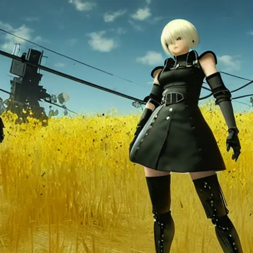 Prompt: a very high resolution image from nier : automata, featuring 9 s android fighting militarized police forces in yellow rye field under pure blue skies