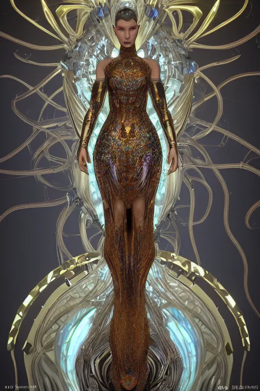 Image similar to a highly detailed metahuman 4 k render medium of a alien goddess bella hadid in iris van herpen dress schiaparelli in diamonds swarovski and jewelry in style of alphonse mucha gustav klimt trending on artstation made in unreal engine 4