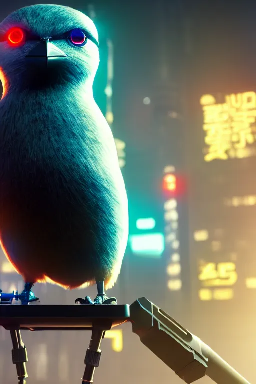 Image similar to high quality 3 d render very cute cyborg crow! next to microphone!, cyberpunk highly detailed, unreal engine cinematic smooth, in the style of blade runner & detective pikachu, hannah yata charlie immer, moody light, low angle, uhd 8 k, sharp focus