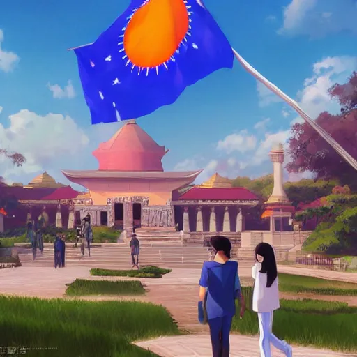 Image similar to rizal park with philippine flag futuristic, painting by makoto shinkai, featured on pixiv, deviantart hd