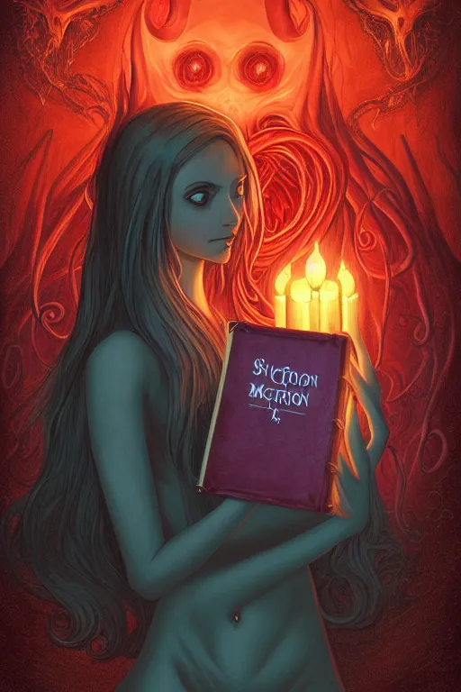 Prompt: romantic illustration of bright girl, her cat and her book of necronomicon, symmetrical, cinematic, sharp focus, 4 k, ultra hd, sense of awe, sinister demonic atmosphere, dreadful, forbidden knowledge, old gods, cthulhu, yog - sothoth! yah, yah, yah! cultist journal cover