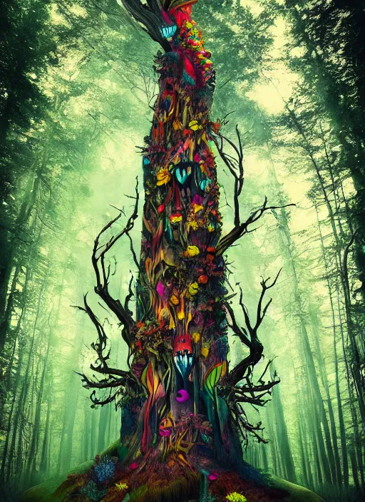 Image similar to a psychedelic surreal horror totem made of trees and multicolor flowers, magic creatures in the forest of chaotic spirit, fulcolor octane remder, cinematic, ultrarealistic