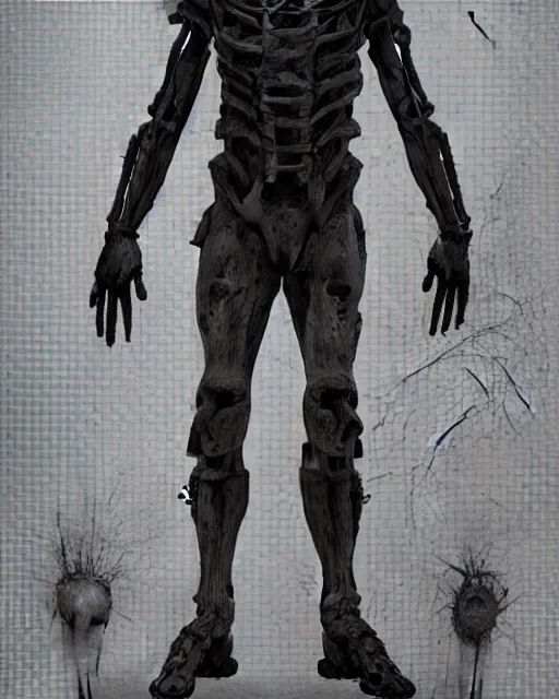 Prompt: full-body creepy realistic sketch central composition a decapitated soldier with futuristic elements. he welcomes you with no head, dark dimension, empty helmet inside is occult mystical symbolism headless full-length view. standing on ancient altar eldritch energies disturbing frightening eerie, hyper realism, 8k, sharpened depth of field, 3D