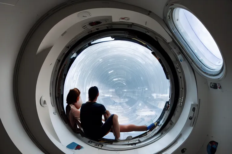 Image similar to sci-fi scene of space tourists in glamourous spaceship bedroom looking out large circular window at earth orbit By Emmanuel Lubezki