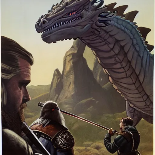 Image similar to geralt of rivia examines a sleeping dragon detailed american wwii propaganda poster by james gurney and pixar