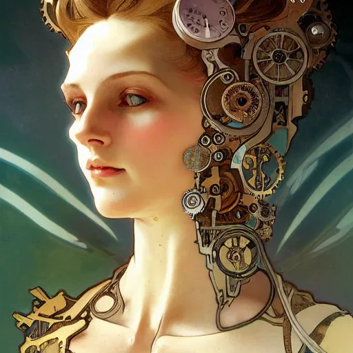 Prompt: A close-up portrait of a beautiful female android wearing an intricate cracked porcelain face by Alphonse Mucha, exposed inner gears, bright soulful eyes, steampunk, gears, steam, art nouveau card, concept art, wlop, trending on artstation