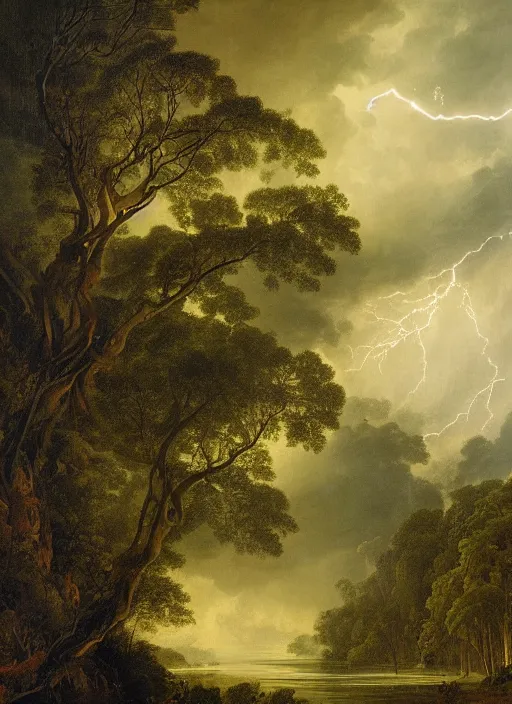 Image similar to a rain forest with extremely thin tall trees, dense, very epic atmosphere, tropical downpour of rain an lightning by asher brown durand, by yoshitaka amano