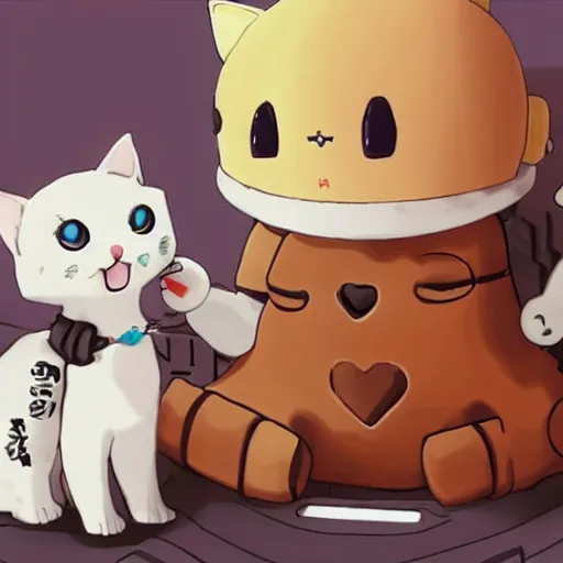 Image similar to a robot cuddling kittens, anime