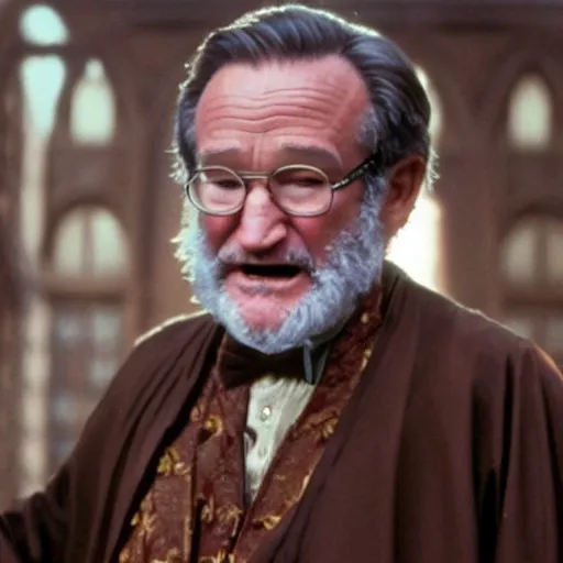 Image similar to Robin Williams playing Dumbledore in Harry Potter, screenshot