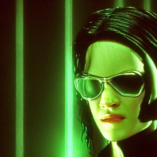 Image similar to insanely detailed octane render of neo from the matrix using a telepgraph machine, hyperrealistic, photorealism, volumetric lighting, dramatic lighting, glowing, green matrix code