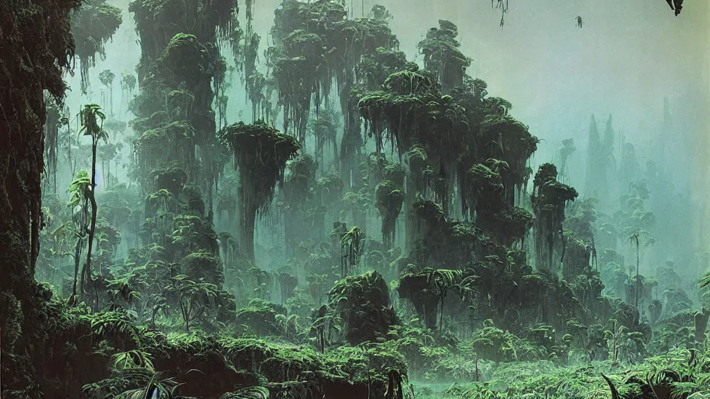 Image similar to otherworldly atmosphere of an alien jungle planet by arthur haas and bruce pennington and john schoenherr, cinematic matte painting