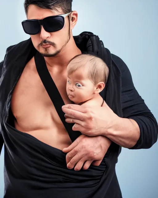 Prompt: badass muscular gangsta wearing baby sling with kitten in it, sunglasses, studio portrait, golden ratio, backlit