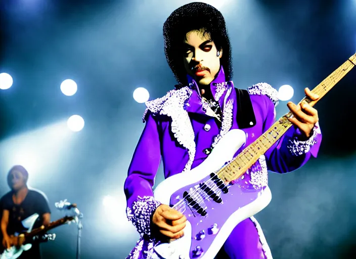 Image similar to photo still of prince from purple rain on stage at vans warped tour!!!!!!!! at age 3 3 years old 3 3 years of age!!!!!!!! throwing pancakes to the crowd, 8 k, 8 5 mm f 1. 8, studio lighting, rim light, right side key light