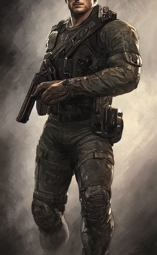 Image similar to portrait of henry cavill as chris redfield, resident evil, pistol, upper body, short sleeve, fantasy, intricate, elegant, highly detailed, digital painting, artstation, concept art, smooth, sharp focus, illustration, art by artgerm and greg rutkowski and alphonse mucha