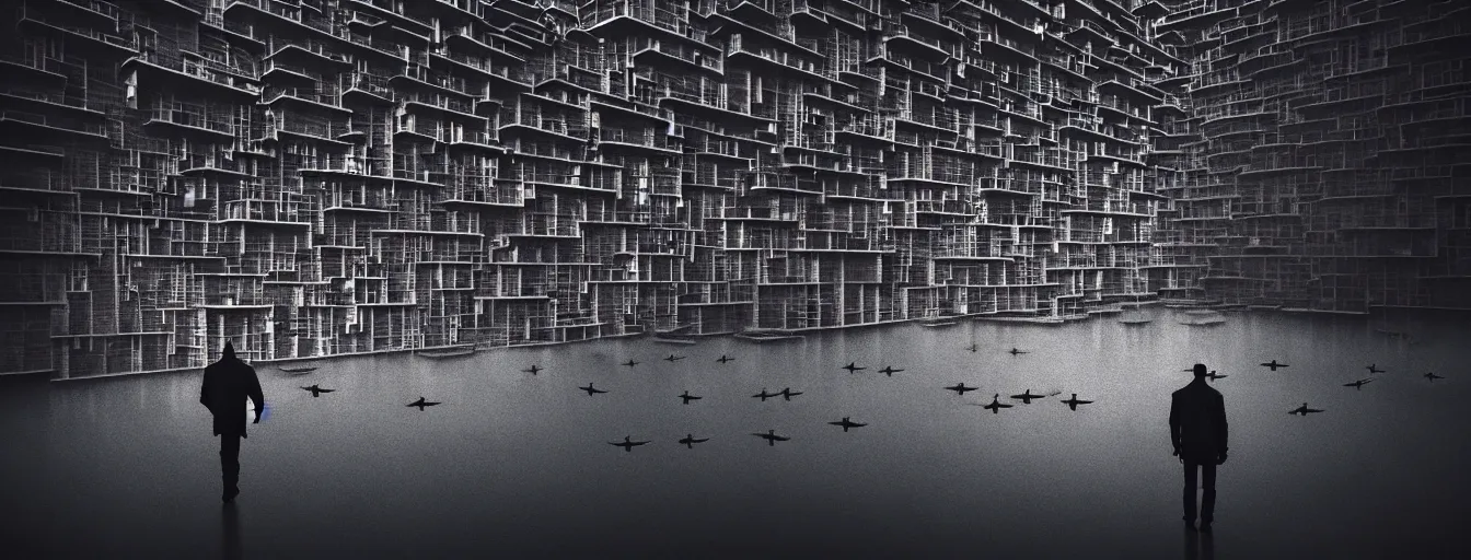 Prompt: abandoned city + a lone man + (((school of fish flying in the sky))) + (((habitat 67))), Mads Berg, Karolis Strautniekas, film noir, textured light, dramatic lighting,editorial illustration, detailed,fine texture, matte print, dark blue + dark orange, red, black, extreme perspective, volumetric light