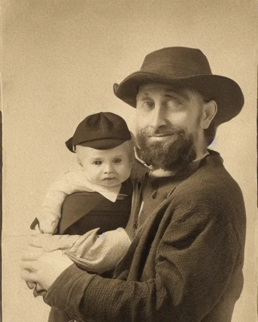 Prompt: gentlemen wearing a hat and wearing a baby sling on the back with a kitten in the sling, studio portrait, golden ratio, backlit, happy, detailed eyes