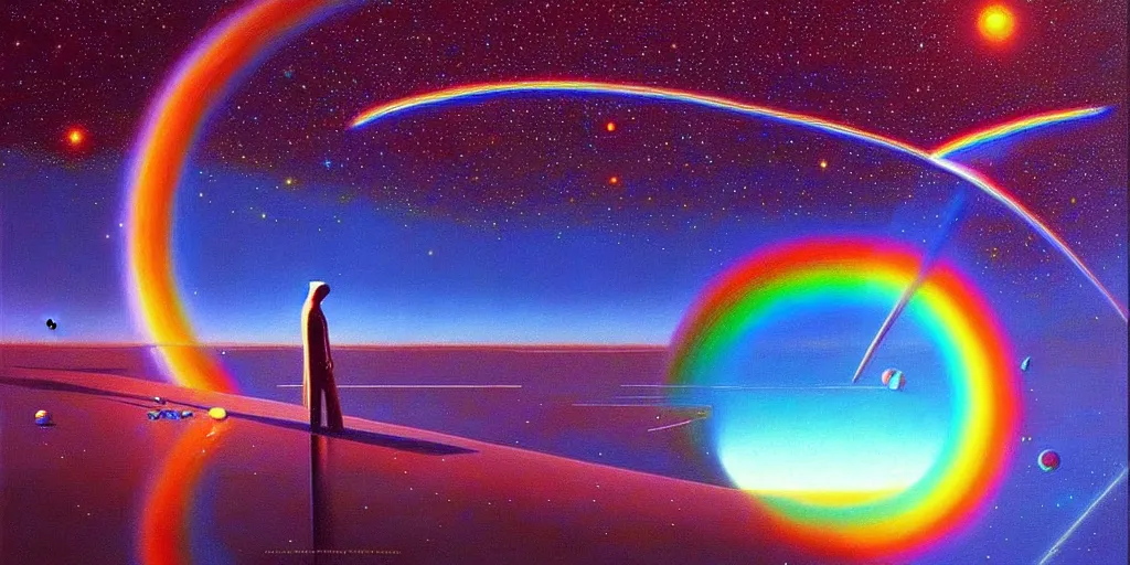 Image similar to time + space + reality, 🌈👾🌌, moebius, cinematic lighting, beautiful, elegant, oil painting,