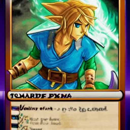 Prompt: Link from the legend of Zelda with hair made out of cotton candy, Magic the gathering card art.