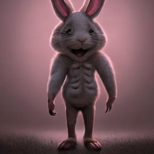 Prompt: A extremely highly detailed majestic hi-res beautiful, highly detailed portrait of a scary terrifying creepy cartoon rabbit standing up wearing pants and a shirt in the style of 1960's Walt Disney animation, dramatic lightning, rim light, hyperrealistic, photorealistic, octante render, elegant, cinematic, high textures, hyper sharp, 8k, insanely detailed and intricate, graphic design, cinematic atmosphere, hypermaximalist, hyper realistic, super detailed, 4k HDR hyper realistic