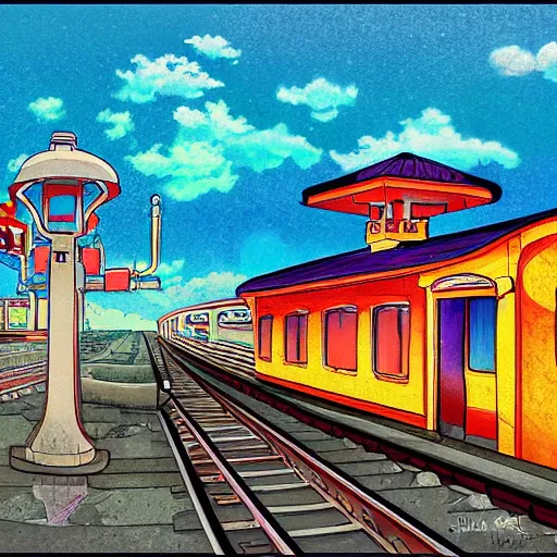 Prompt: Train station, Ponyo art