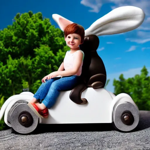 Image similar to bunny riding a convertible, studio photo, high quality