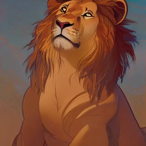 Image similar to Simba lion king Disney a very detailed a very detailed elegant, sharp focus, a very detailed art by alphonse mucha and greg rutkowski