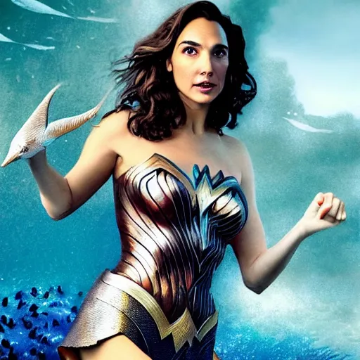 Image similar to Full body photo of the beautiful woman Gal Gadot as a siren, she is swimming under the sea, she is leading a variety of school of fish, she has a glow coming from her, she is getting illuminated for rays of light that cross the sea, the photo was taking by Annie Leibovitz, matte painting, oil painting, naturalism, 4k, 8k