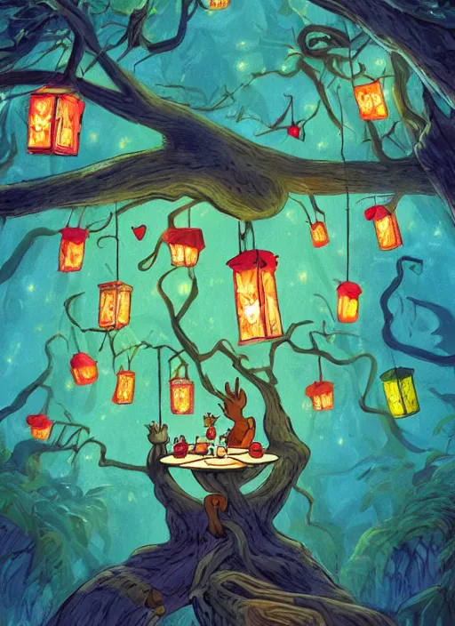 Prompt: a nighttime tea party in a hollow tree, as seen from the canopy, colorful lanterns in the branches, dense forest, massive trees with warm windows, huge tree trunks, low light, dark blue sky, trending on artstation, highly detailed, in the style of Over the Garden Wall and A. A. Milne